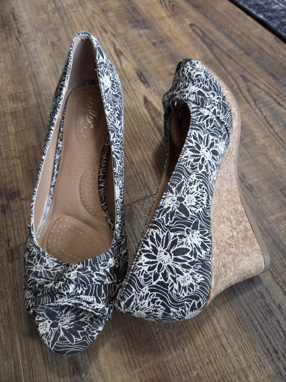 Floral Print Black & White Wedge Heels